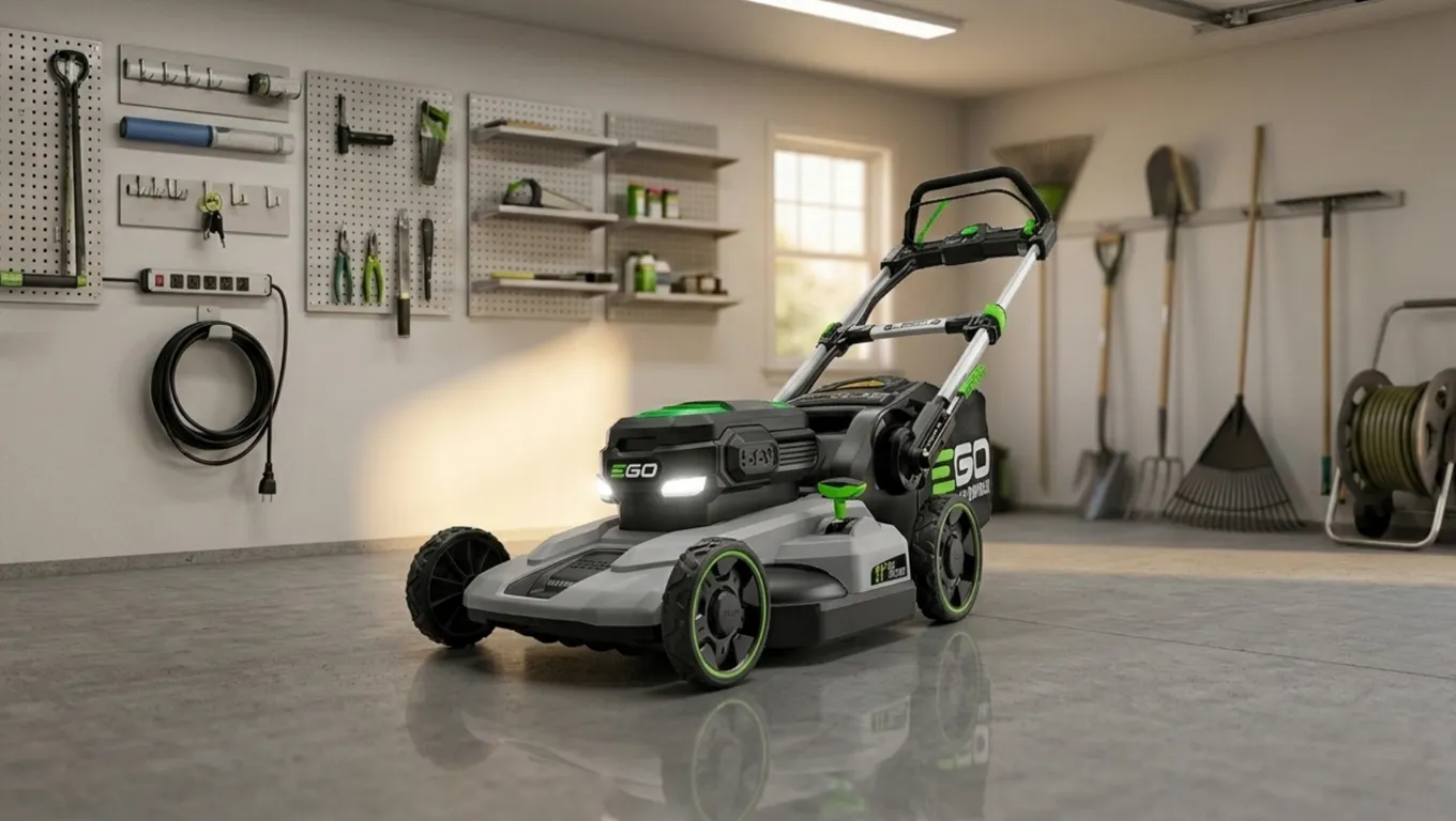 Вертикално съхранение на косачка Ego Power+ в гараж